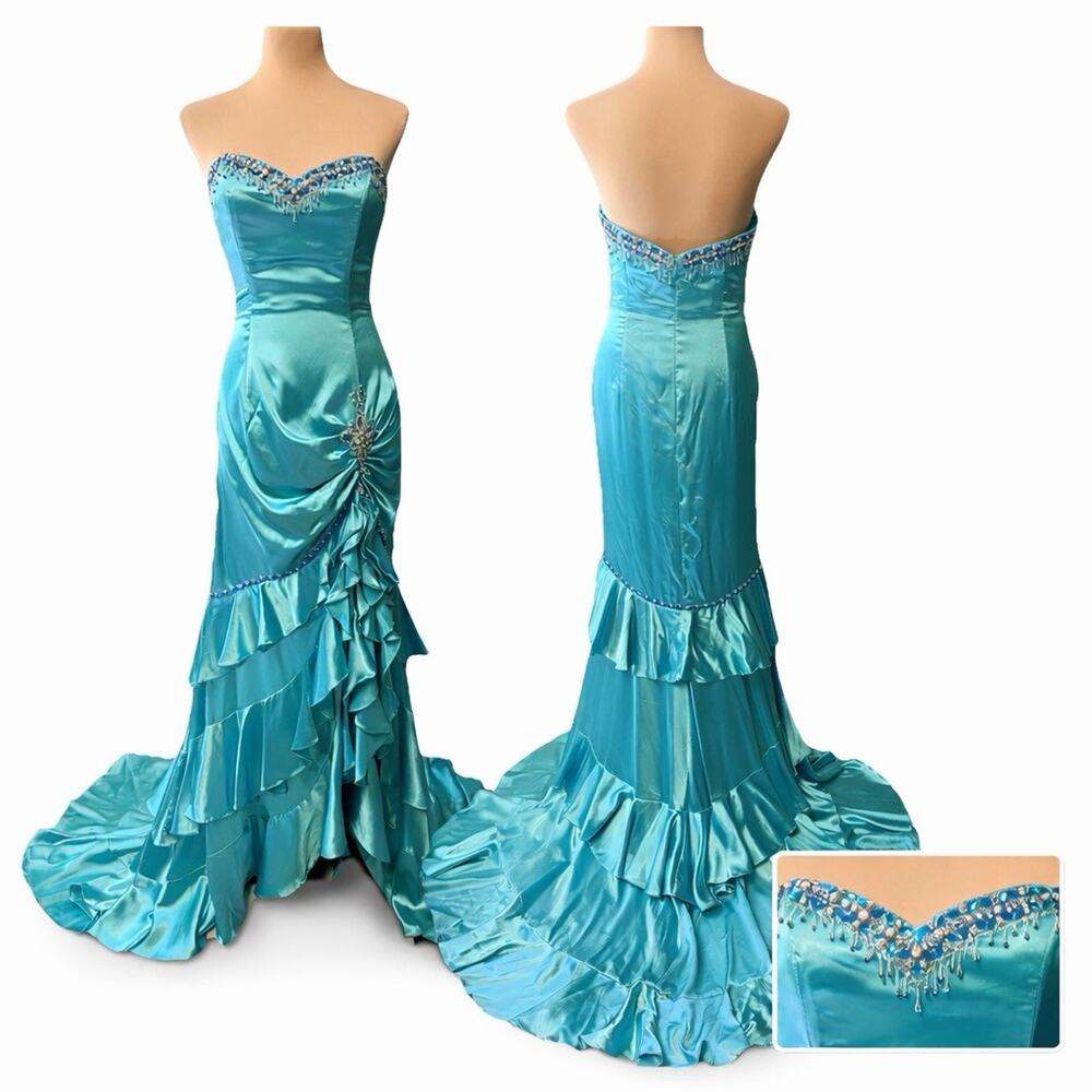 Y2K Prom Dress Maxi Aqua Blue Glam Strapless Beaded Train Sz 10 Satin Statement